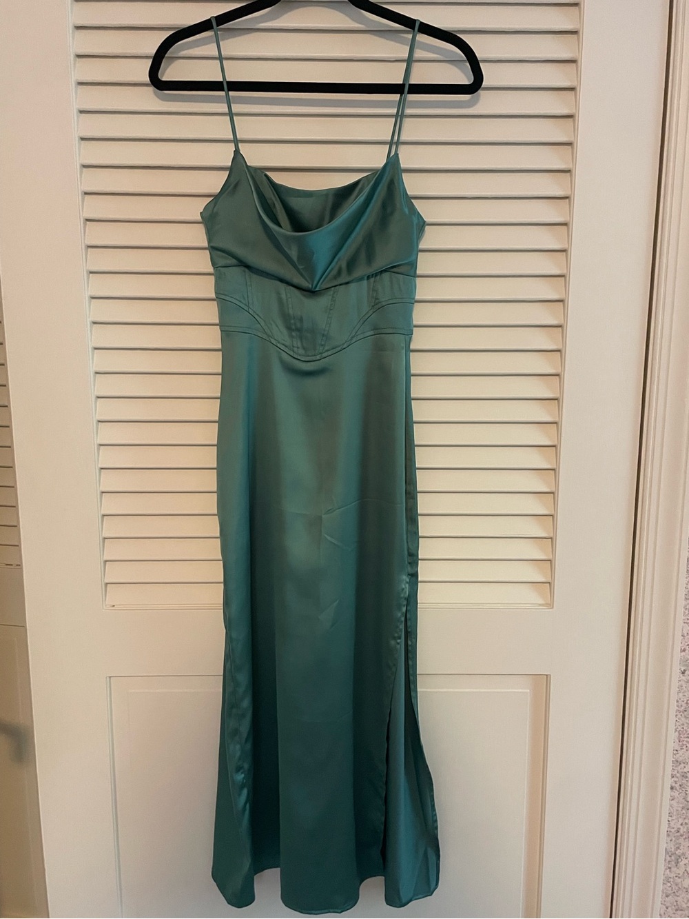 Green satin cowl neck dress